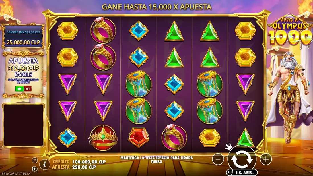 Cuadrícula del juego base de Gates of Olympus 1000 en modo demo